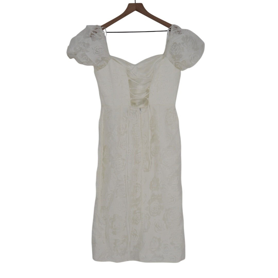 Lulus Odetta Burnout Puff Sleeve Lace-Up Midi Dress Womens Large White Floral