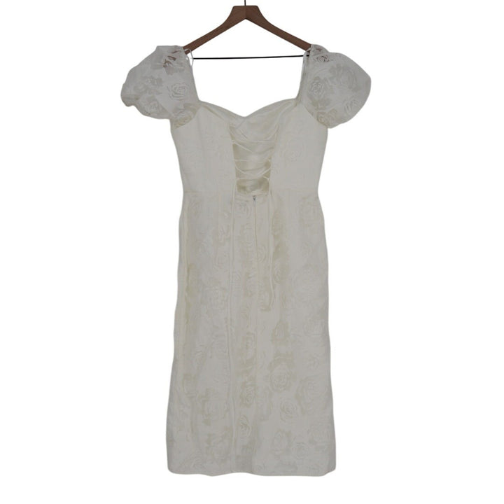Lulus Odetta Burnout Puff Sleeve Lace-Up Midi Dress Womens Large White Floral