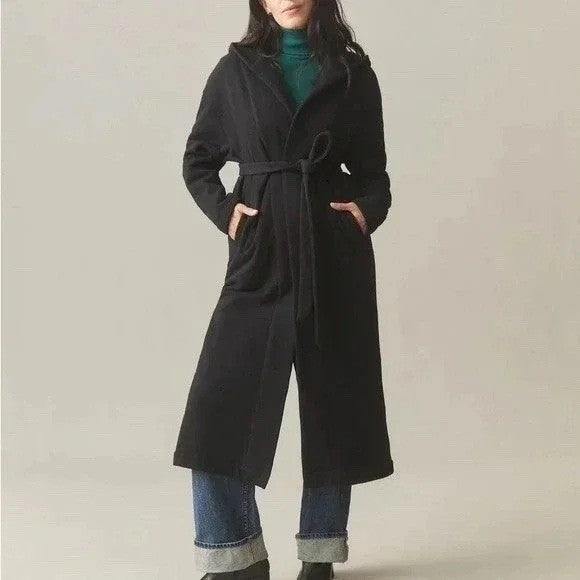 American Giant Long Coat Women XS/S Black Cotton Fleece Pocket Hooded Waist Belt