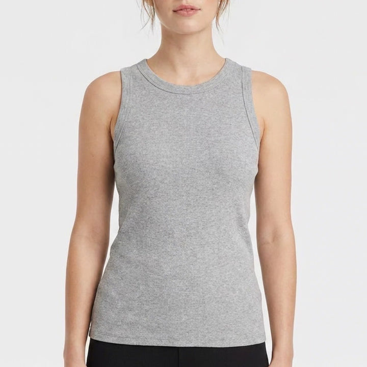 A New Day Tank Top Womens Large Heather Gray Ribbed Knit Yoga Running Round Neck