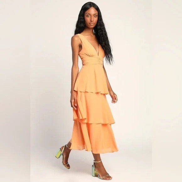 Lulus Celebration Time Light Orange Sleeveless Tiered Midi Dress Size M