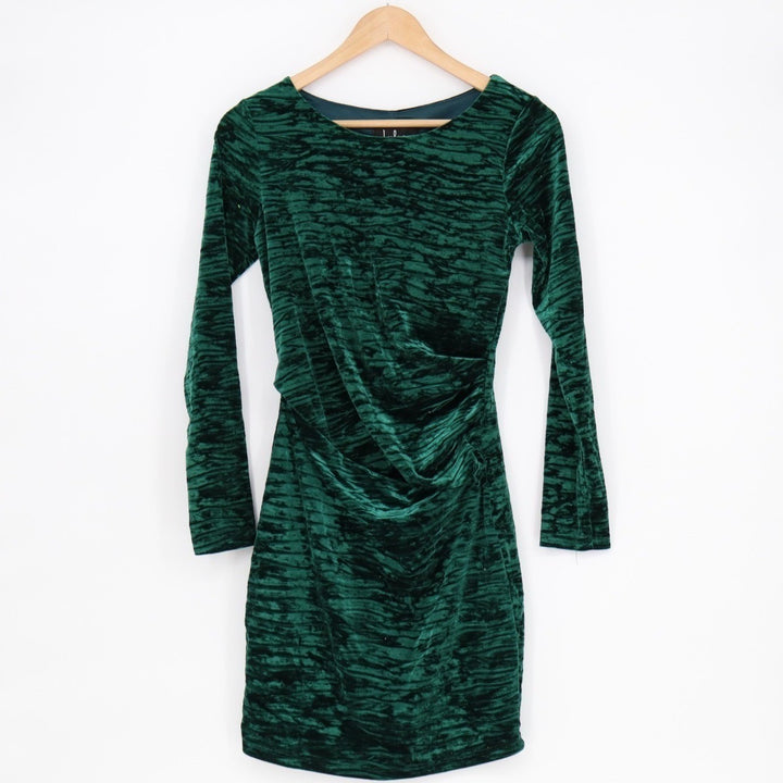 Lulus in a Gleam Bodycon Dress Womens Medium Forest Green Velvet Long Sleeve