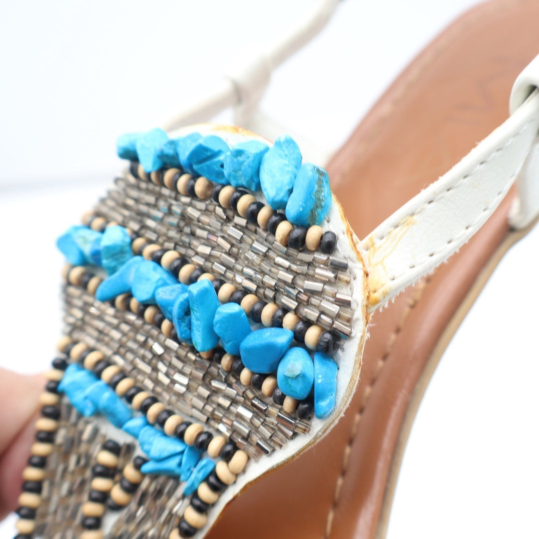 MIA Emma White Beaded Turquoise Boho Thong Slingback Sandals Womens Size 8