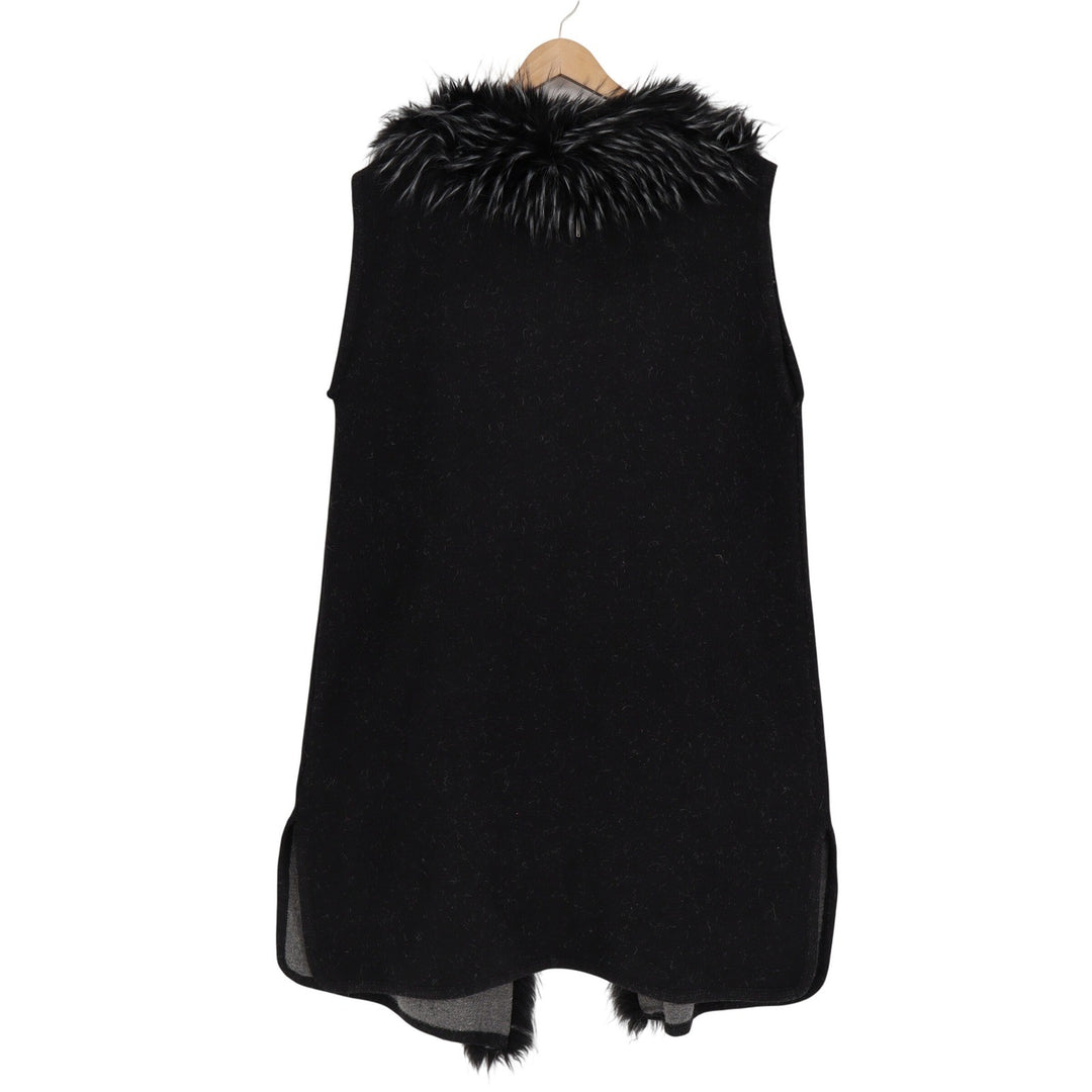 Sioni Black Faux Fur Trim Long Sweater Vest Duster L/XL