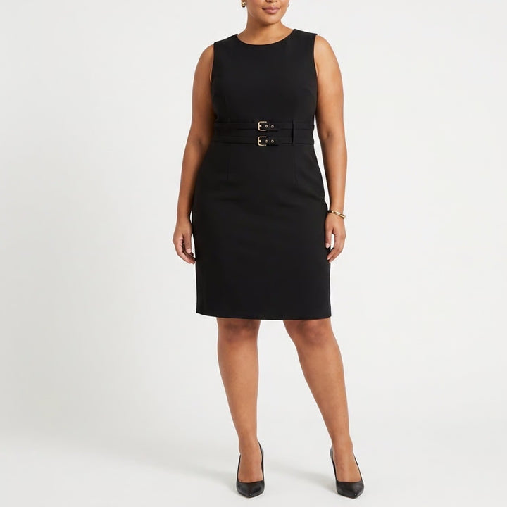 Calvin Klein Womens Black Buckle Waist Sleeveless Sheath Dress 18W