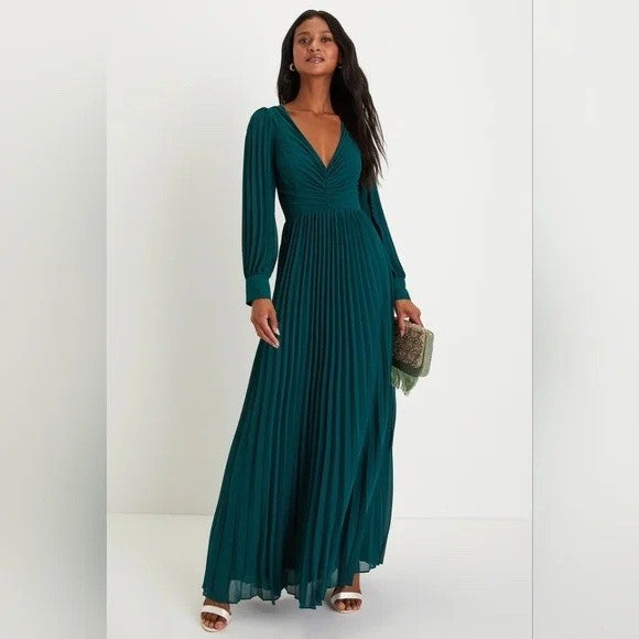 Lulus Sophisticated Grace Emerald Green Pleated Long Sleeve Maxi Dress Size S