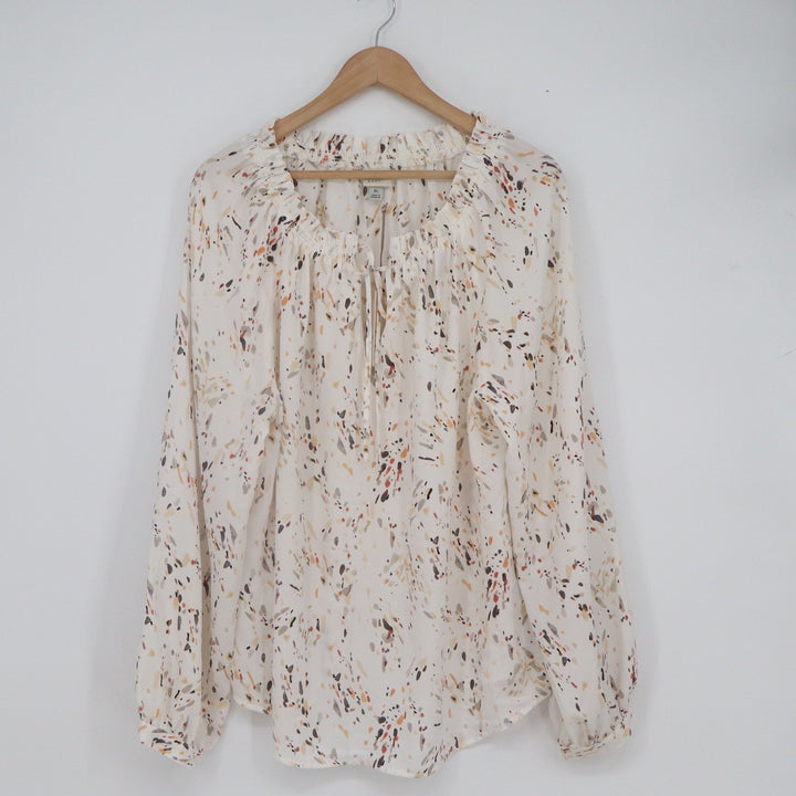 A New Day Womens XL Abstract Print Smocked Tie Neck Peasant Blouse White
