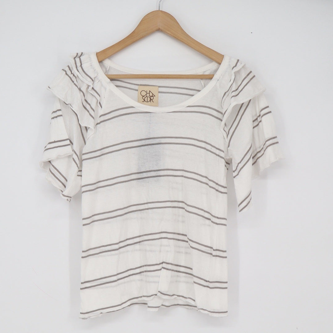 Chaser T-Shirt Women's S White Grey Striped Ruffle Shoulder Good