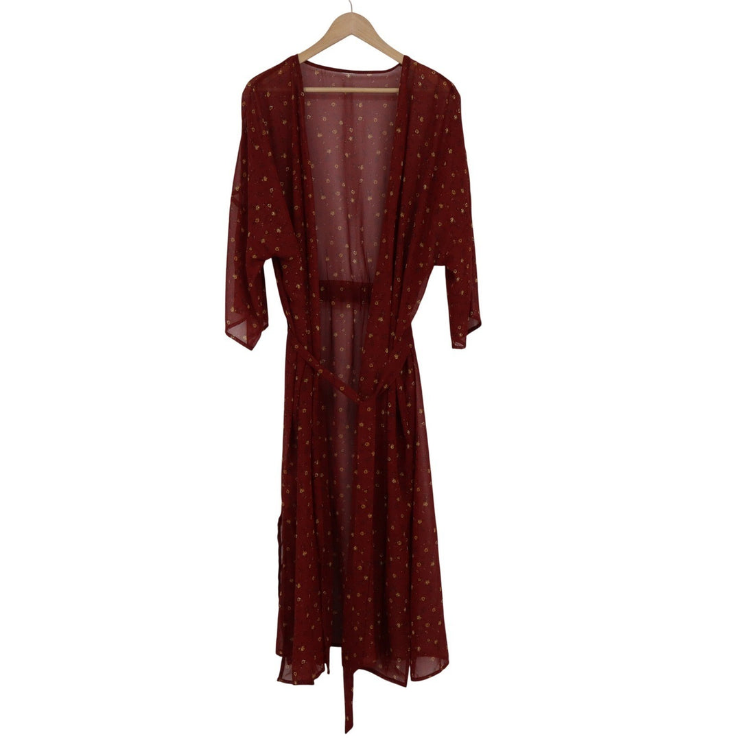 Burgundy Floral Sheer Kimono Robe Open Front Tie Waist Maxi Duster One Size