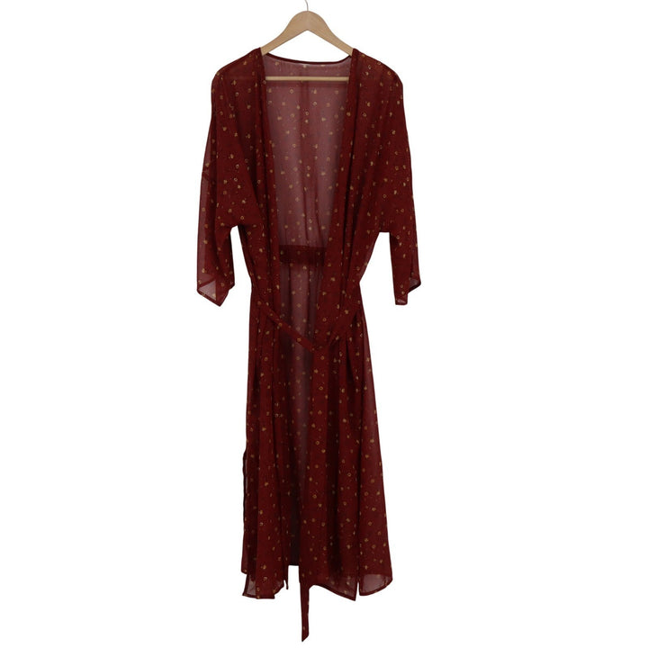 Burgundy Floral Sheer Kimono Robe Open Front Tie Waist Maxi Duster One Size