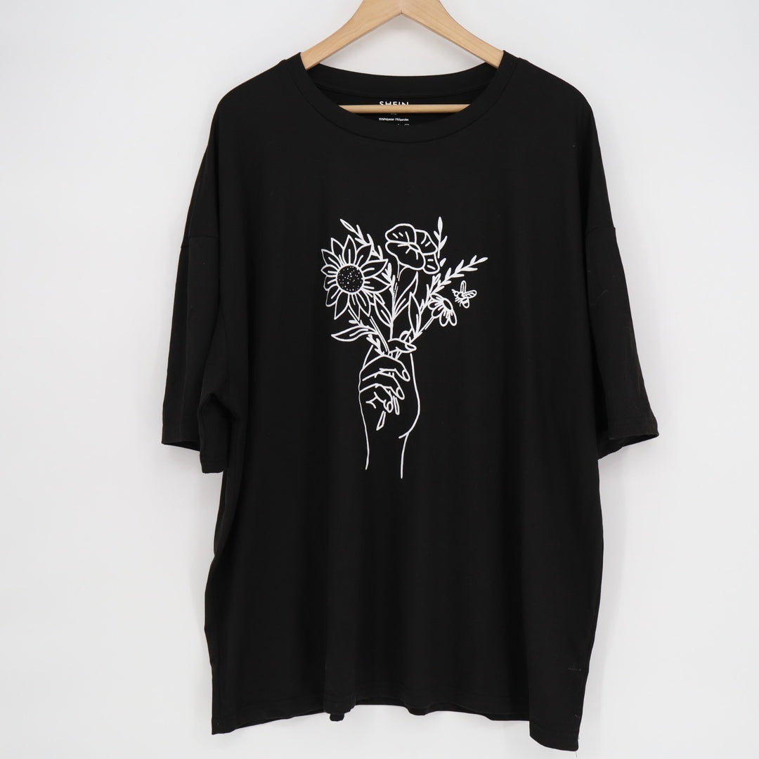 Shein T-Shirt Womens XL Black Stretch Hand Floral Print Crew Neck Short Sleeve