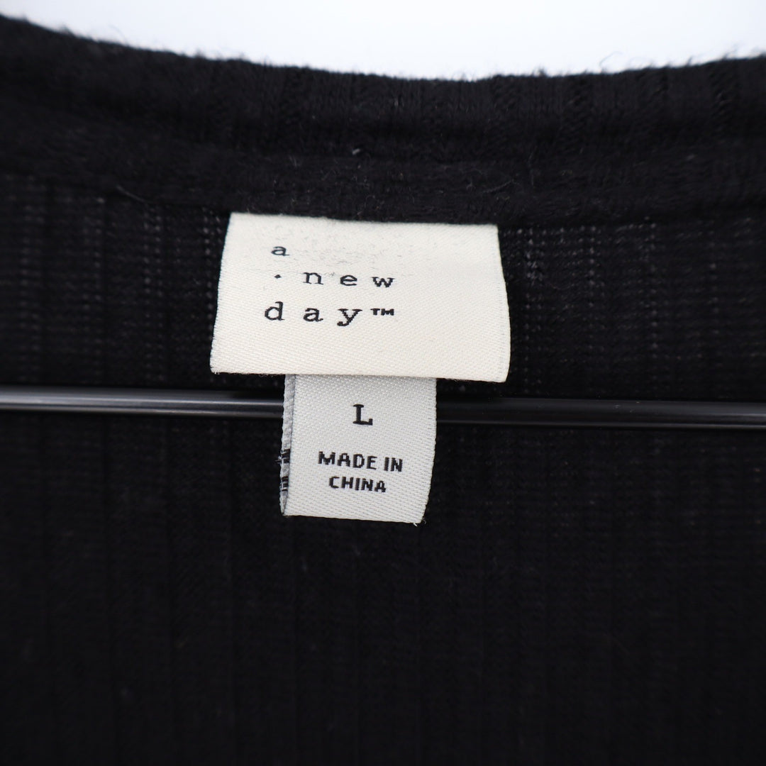 A New Day Womens Black Ribbed Knot Front Button Down Cardigan Sweater Large