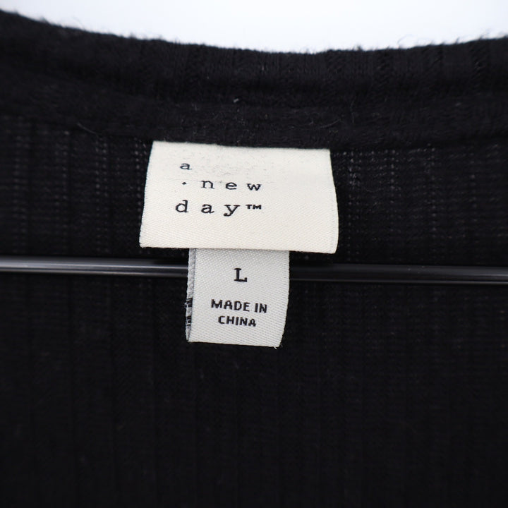 A New Day Womens Black Ribbed Knot Front Button Down Cardigan Sweater Large