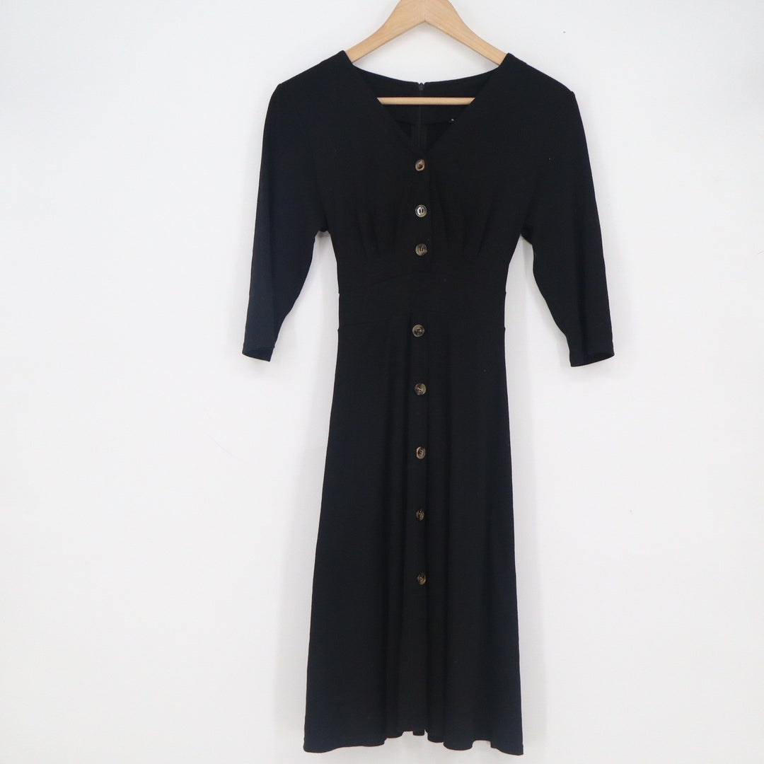 Black V-Neck Button Front Midi Dress 3/4 Sleeve Back Tie Size S