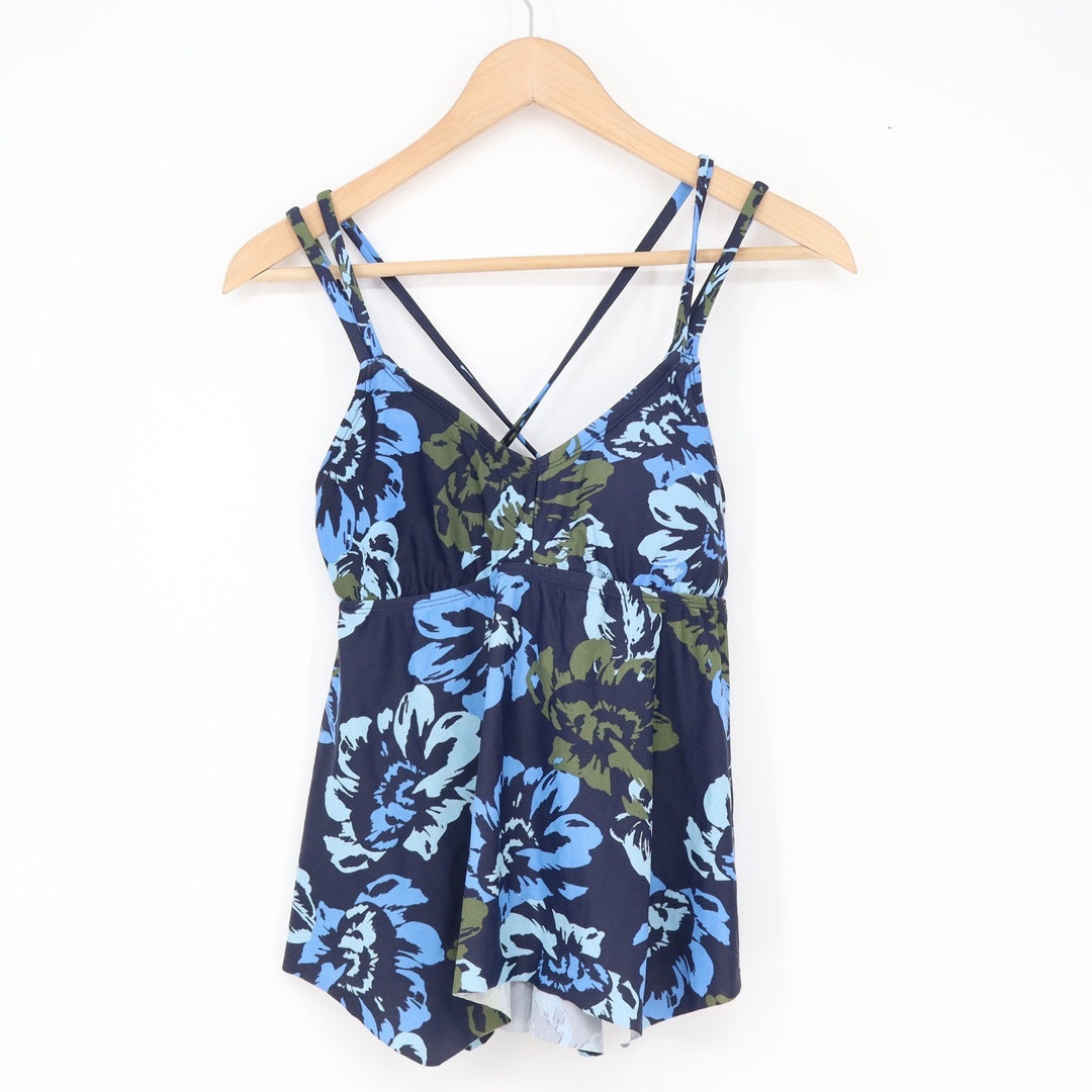 Kona Sol Swim Top Women S Tankini Navy Blue Floral Handkerchief Hem Excellent