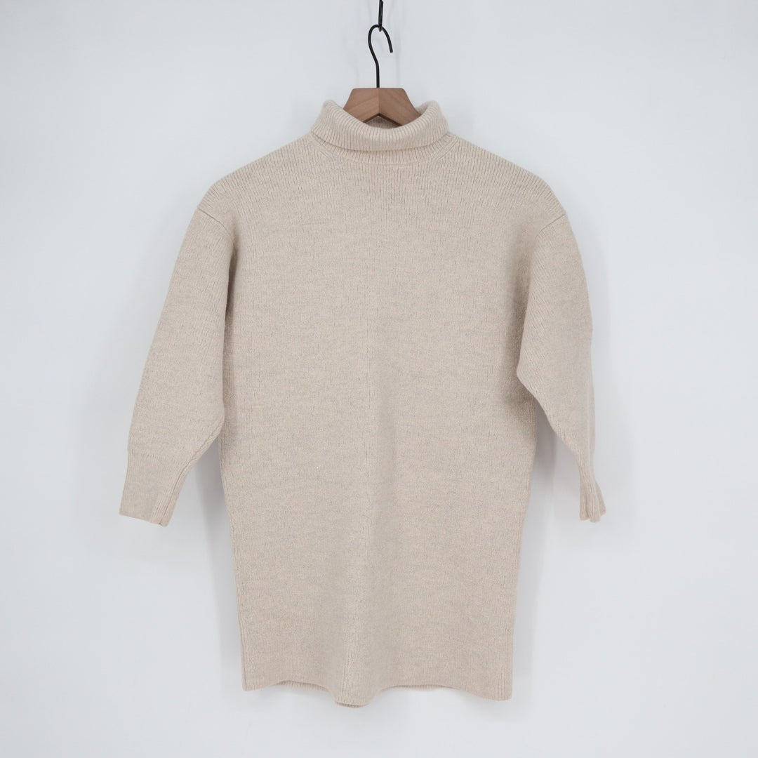 Babaton Sweater Womens Small Beige Knit Wool 3/4 Sleeve Turtleneck Pullover