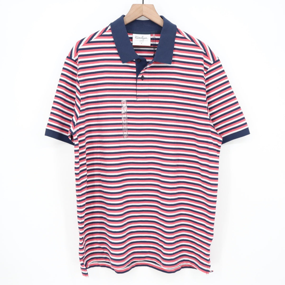 Walter Hagen Mens Clubhouse Stripe Pique Polo Shirt Pink Navy XL NEW