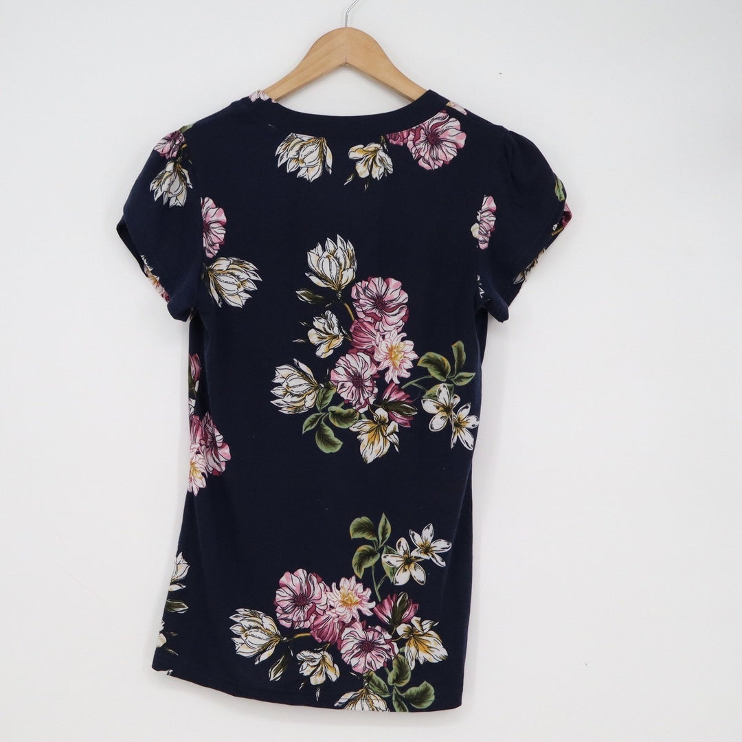 Navy Blue Floral Split V-Neck Petal Sleeve Jersey Blouse Top Small