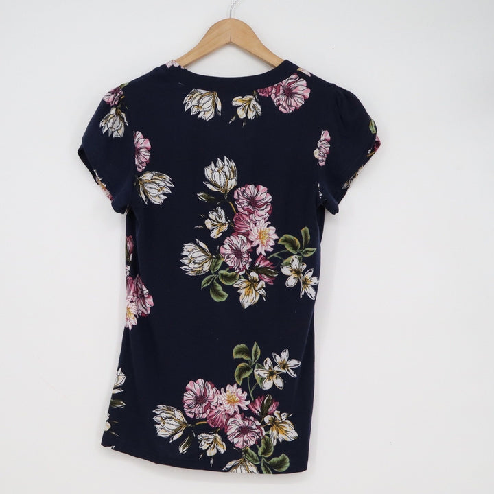 Navy Blue Floral Split V-Neck Petal Sleeve Jersey Blouse Top Small