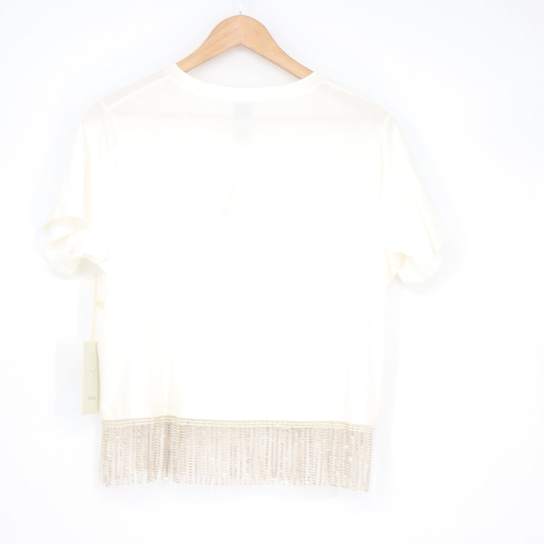 Joie Womens Rhinestone Fringe Cotton T-Shirt Off-White Crew Neck Size M NEW