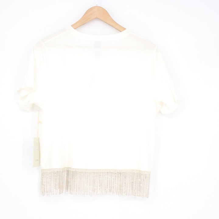 Joie Womens Rhinestone Fringe Cotton T-Shirt Off-White Crew Neck Size M NEW