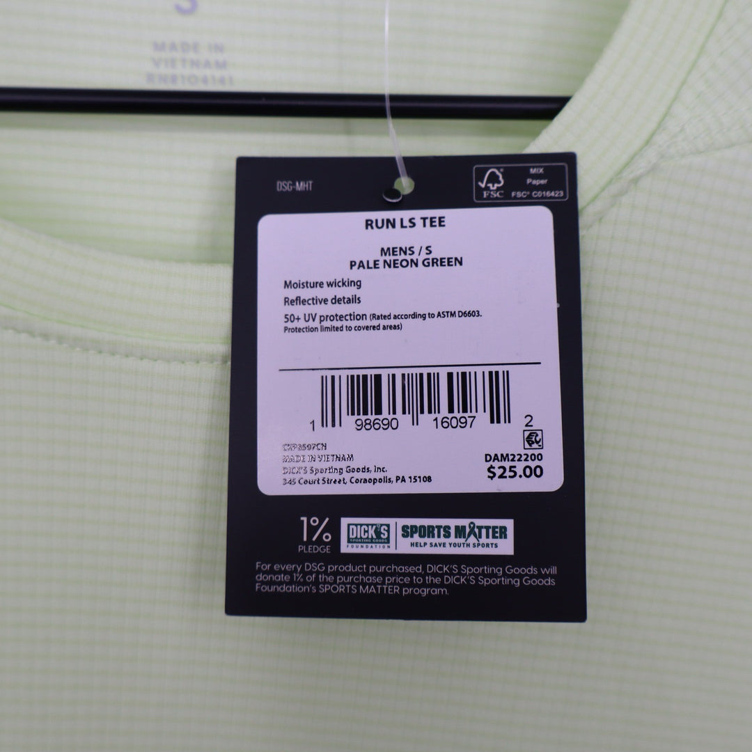 DSG Run LS Tee Mens Small Pale Neon Green Reflective Long Sleeve Training Shirt
