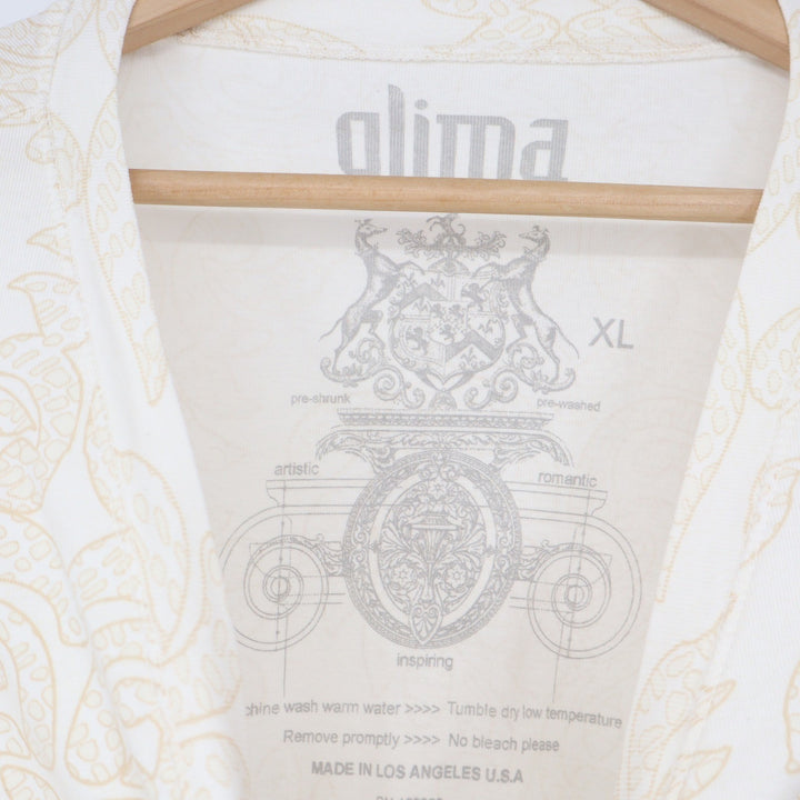 Olima Womens XL Cream Tan Paisley Damask V-Neck 3/4 Sleeve Cotton Top USA Made