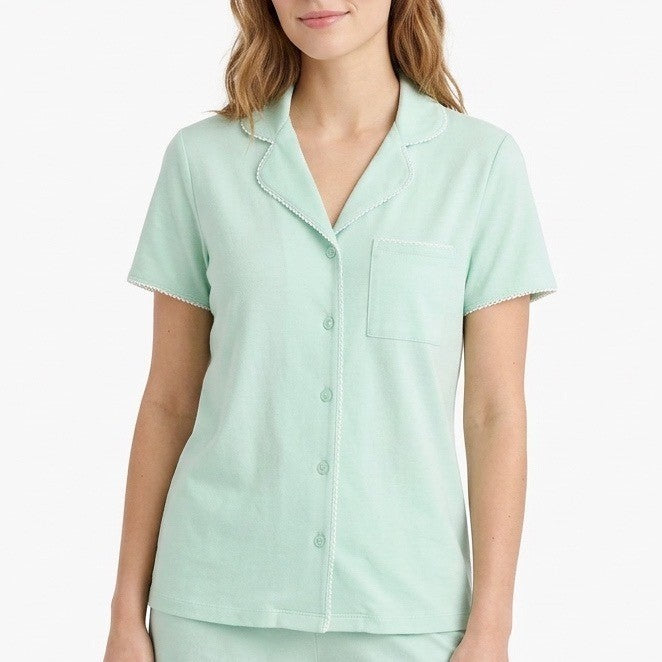 Charter Club Intimates Pajama Shirt Womens XS Green Lapel Collar Short Sleeve