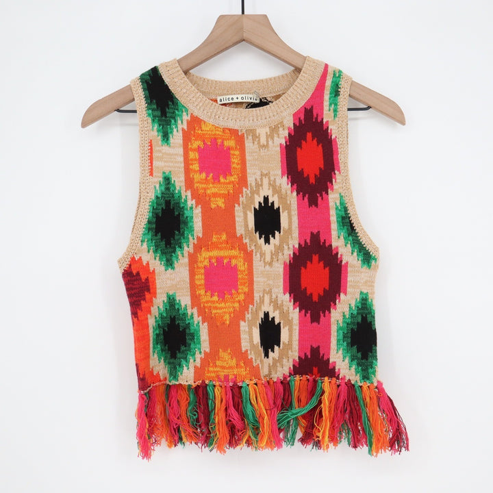 Alice + Olivia Multicolor Ikat Fringe Knit Shell Top Small S/P