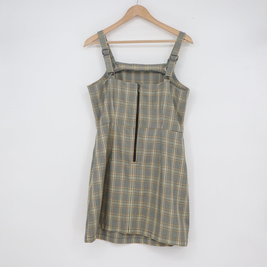 Bebop Grey Plaid Pinafore Mini Dress Overall Straps Grommet Large