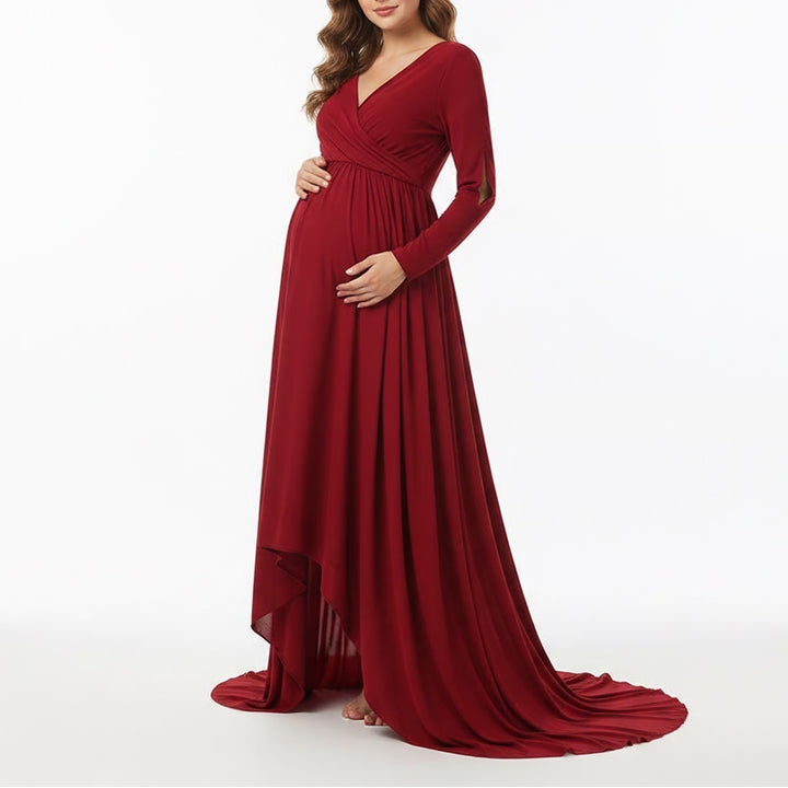 OrderPlus Red Maternity Gown XL Long Sleeve Wrap V-Neck High-Low Maxi Dress