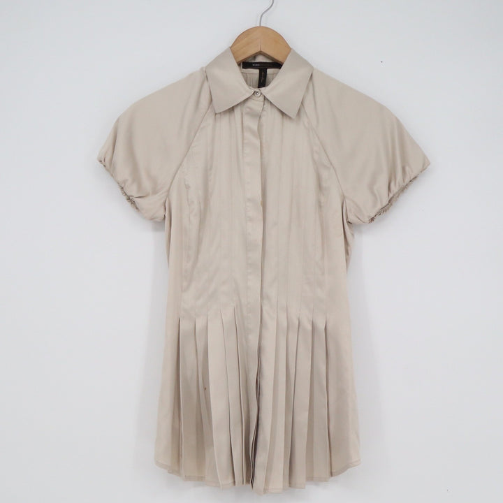 BCBGMAXAZRIA Womens XS Champagne Beige Pleated Short Sleeve Button Up Blouse