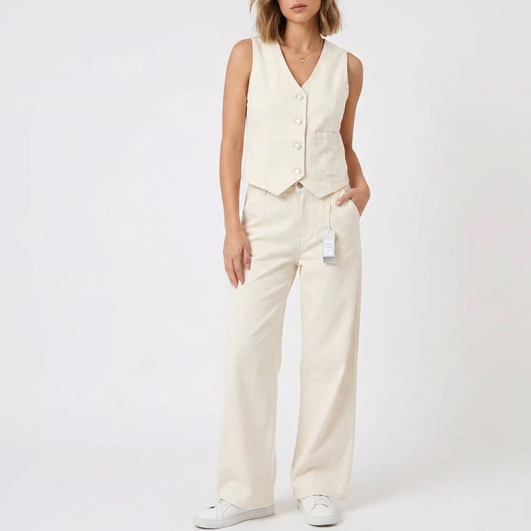 Lizette Collection Pant Set Women's L Off White Wide Leg Vest NEW