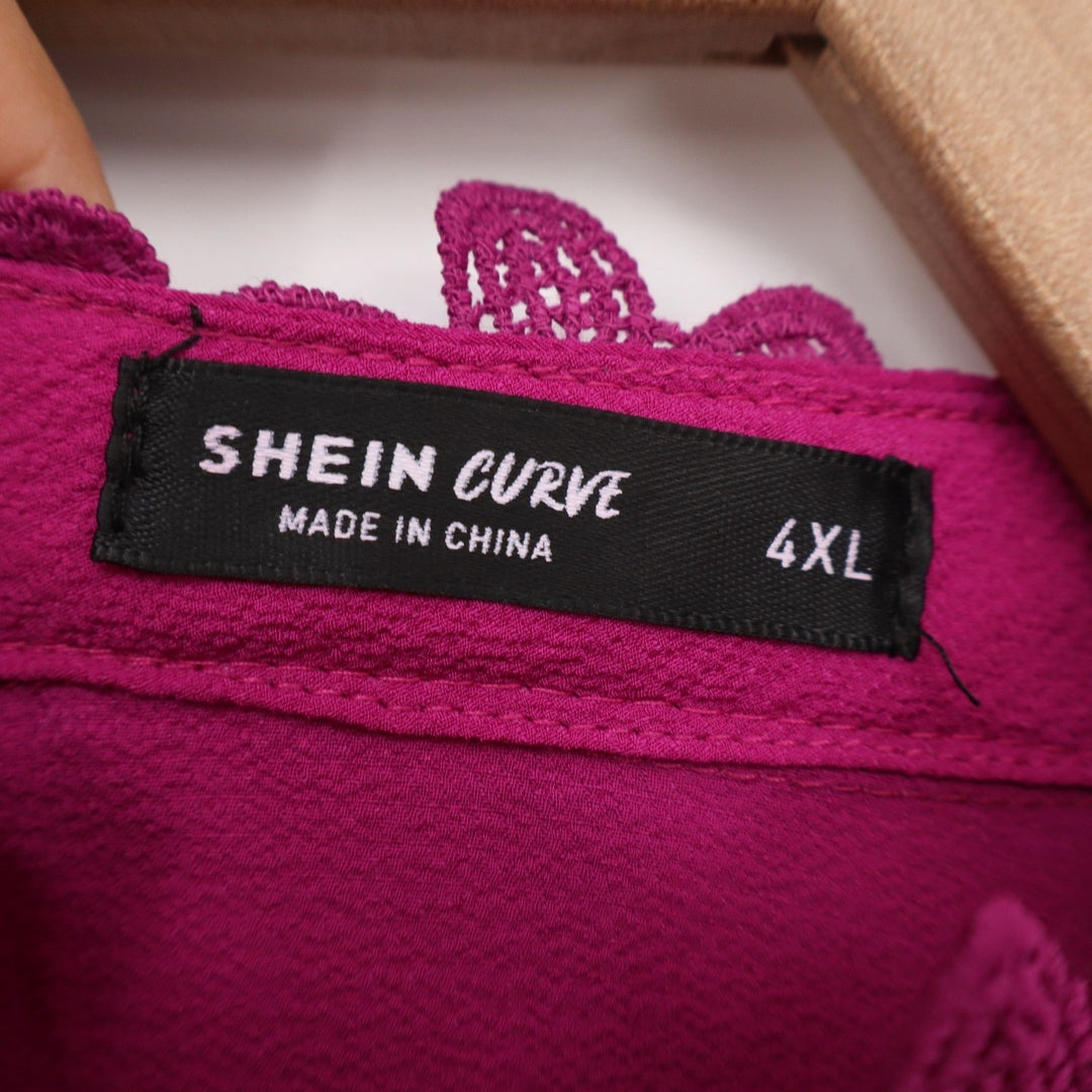 Shein Curve Magenta Pink Pintuck Pleated Lace Trim Blouse 4XL