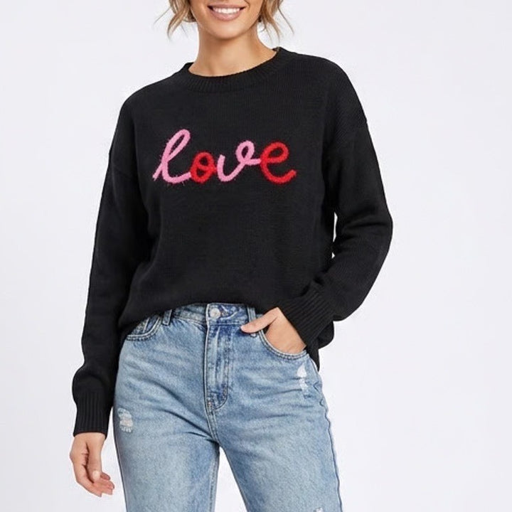 Unbranded Black Love Embroidered Crew Neck Knit Sweater Large Pink Red Graphic