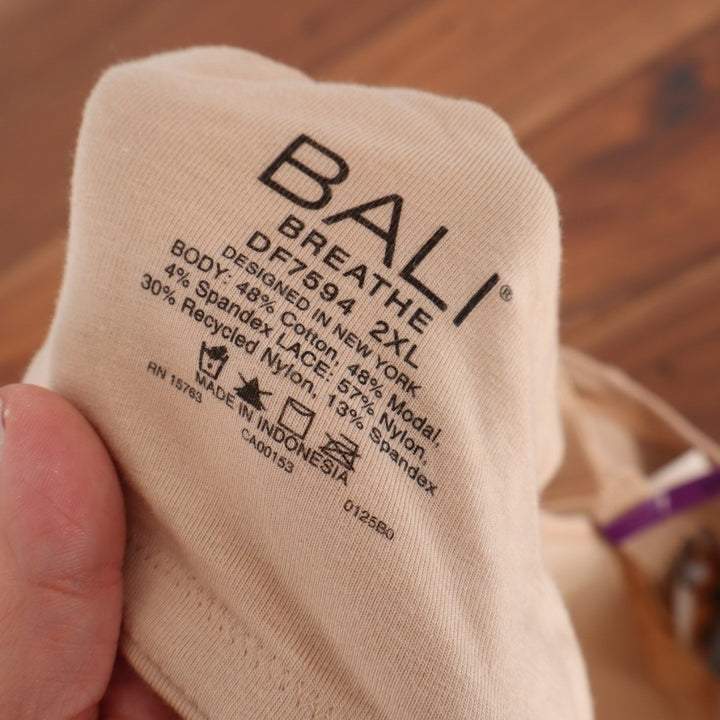 Bali Breathe T-Shirt Bra Womens 2XL Almond Cotton Stretch Wireless Lace Detail