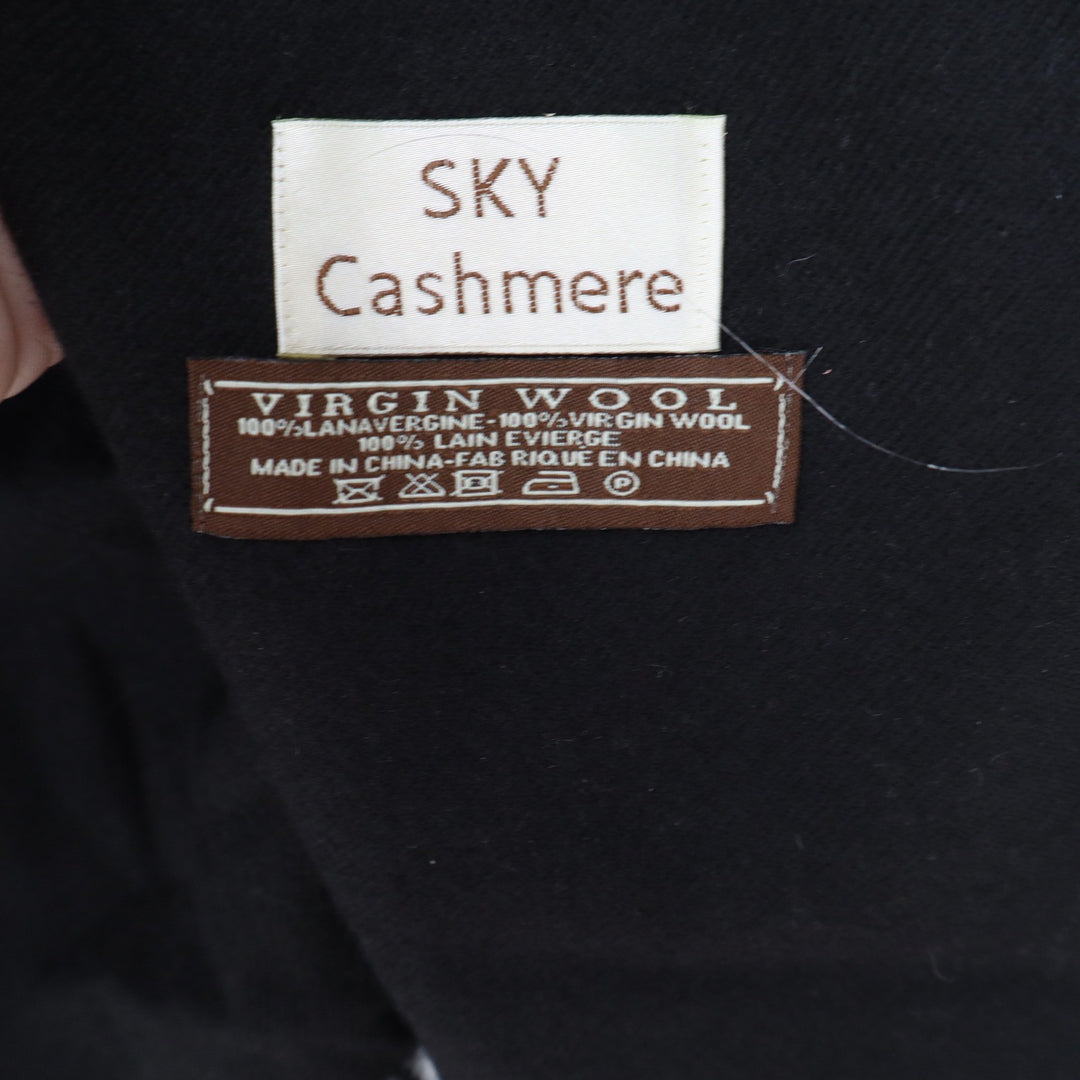 Sky Cashmere Black 100% Virgin Wool Scarf Fringe Trim Oversized Wrap One Size