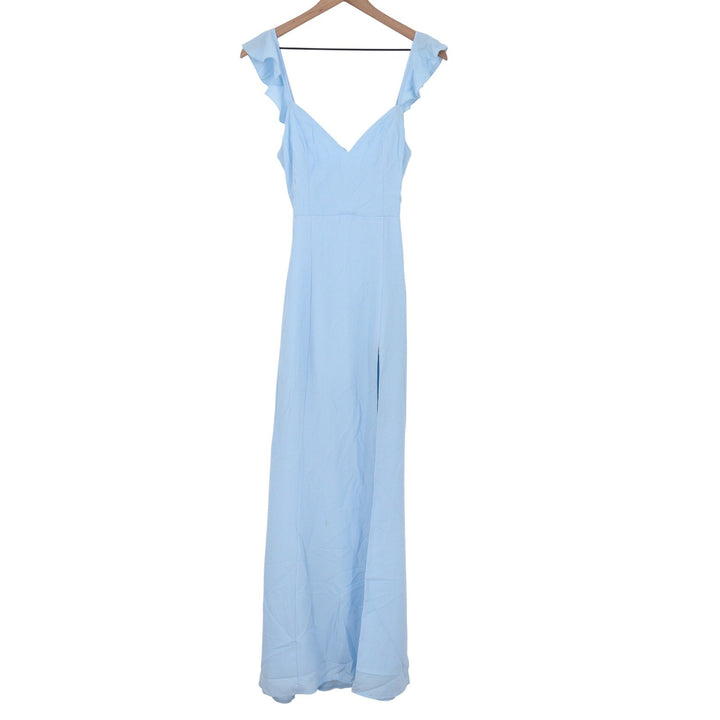 Showpo More Than This Midi Dress Light Blue Ruffle Strap Thigh Split US 0