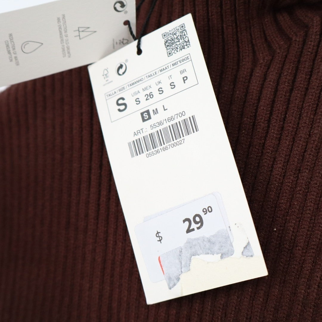 Zara Vest Sweater Women Small Brown Viscose Tight Knit Ribbed Mock Neck Pullover