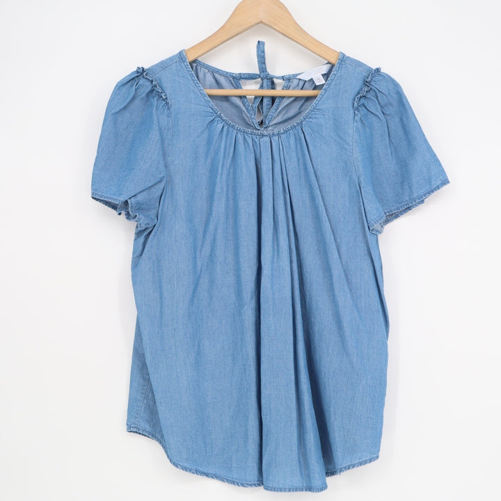 LC Lauren Conrad Blouse Womens Medium Blue Denim Pleated Short Sleeve Round Neck