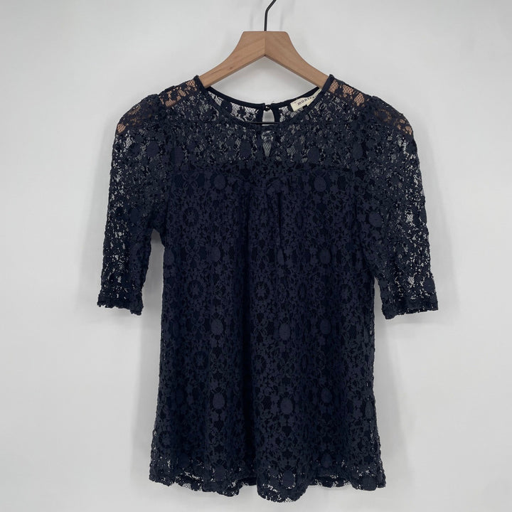 MONTEAU Black Lace 3/4 Sleeve Keyhole Neck Top Size M