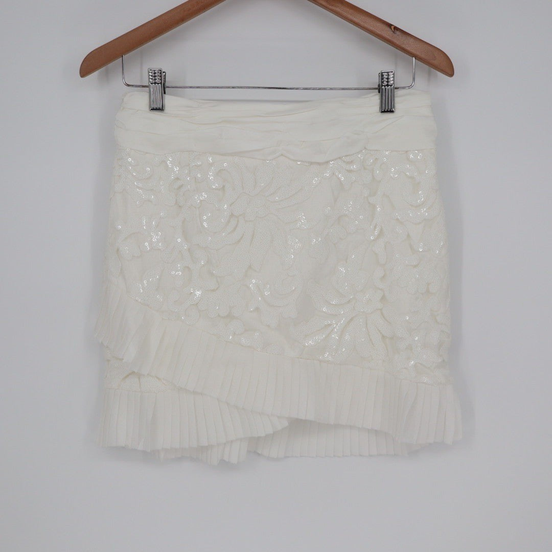 Naked Wardrobe White Floral Sequin Pleated Mini Skirt Womens Small
