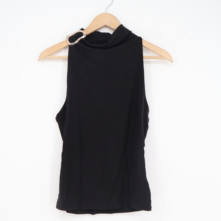 Express Womens Black Mock Neck Sleeveless Top Gold Hardware Accent Size M