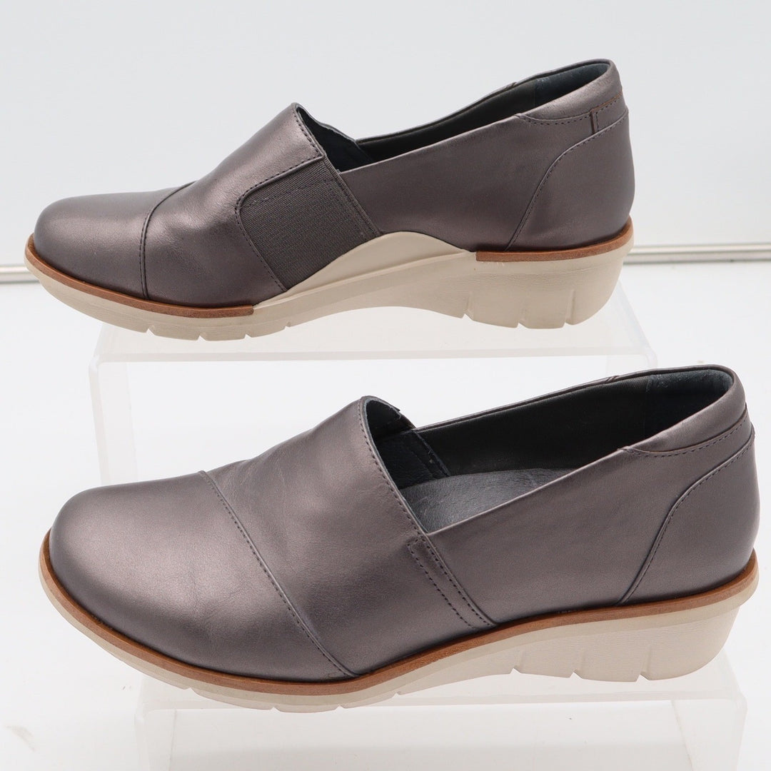 Dansko Fawna Pewter Metallic Leather Slip On Wedge Shoes Womens Size 36