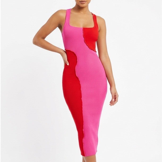 Naked Wardrobe Pink Red Colorblock Ribbed Racerback Midi Dress XS