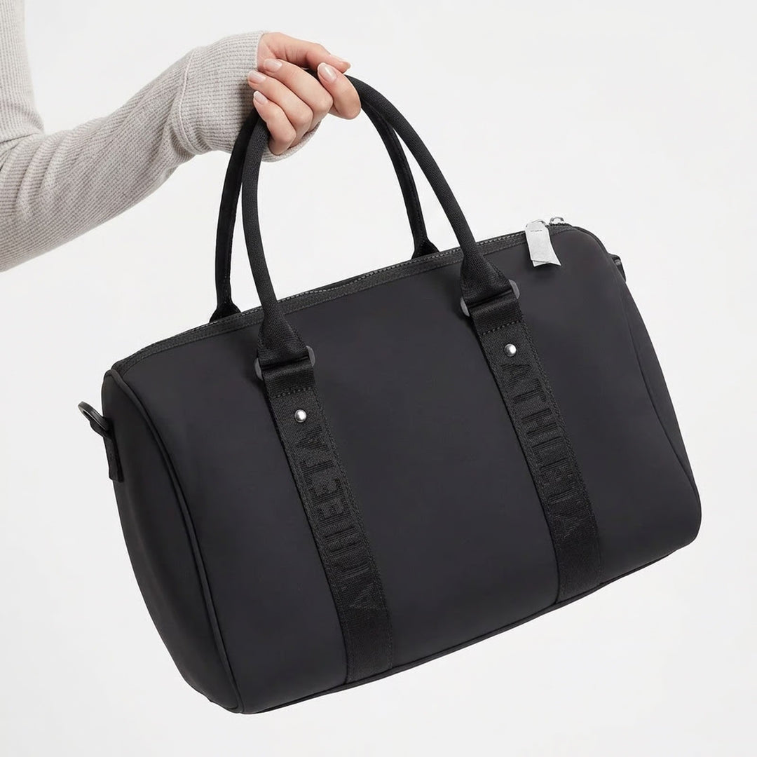 Athleta Coffee Run Neoprene Bag Black Duffle Gym Travel Barrel Bag