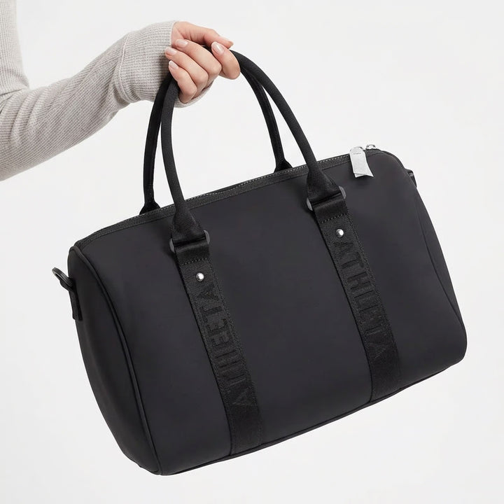 Athleta Coffee Run Neoprene Bag Black Duffle Gym Travel Barrel Bag