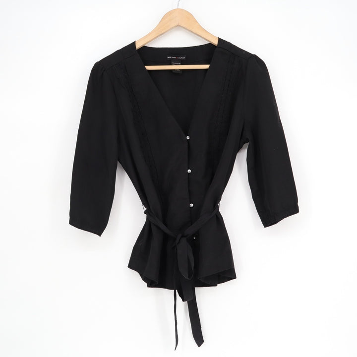New York & Company Blouse Womens Medium Black Front Button 3/4 Sleeve Tie Waist
