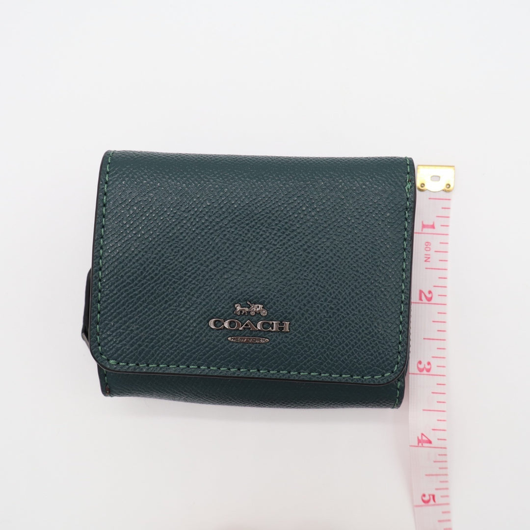 Coach Small Tri-fold Wallet Womens Forest Green Pebbled Leather Zip Coin Pocket