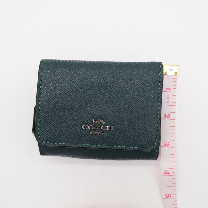 Coach Small Tri-fold Wallet Womens Forest Green Pebbled Leather Zip Coin Pocket
